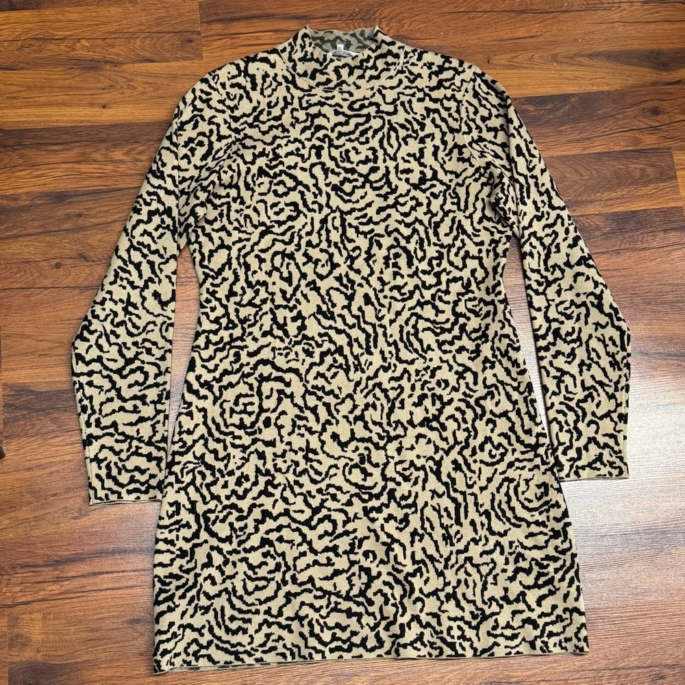 FRAME Black Beige Animal Print Knit Sweater Dress Large